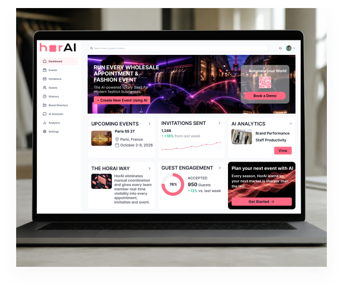 hɒrAI dashboard for wholesale appointments and fashion events, shown on a laptop